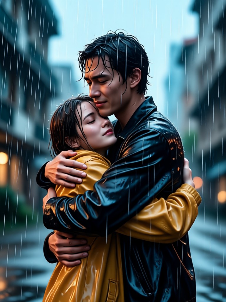 Pet and owner emotional moment in rain