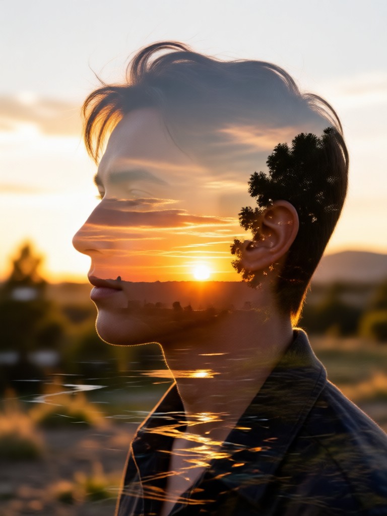 Retrato donde el atardecer se refleja en las gafas del sujeto