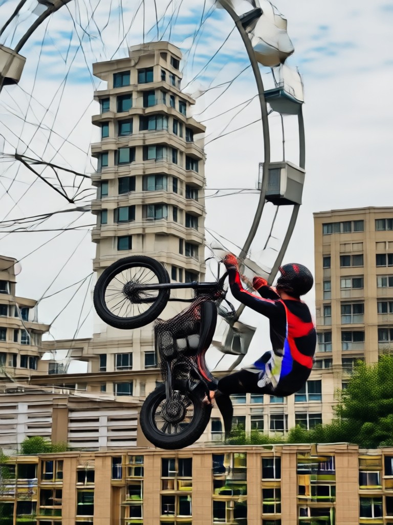 Stunt on a motorcycle with a cinematic angle