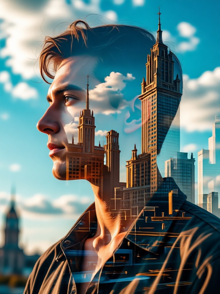App preview showing double exposure creation process