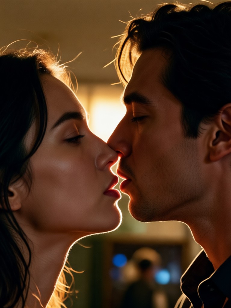 Escena de Beso Romántico bajo la Lluvia