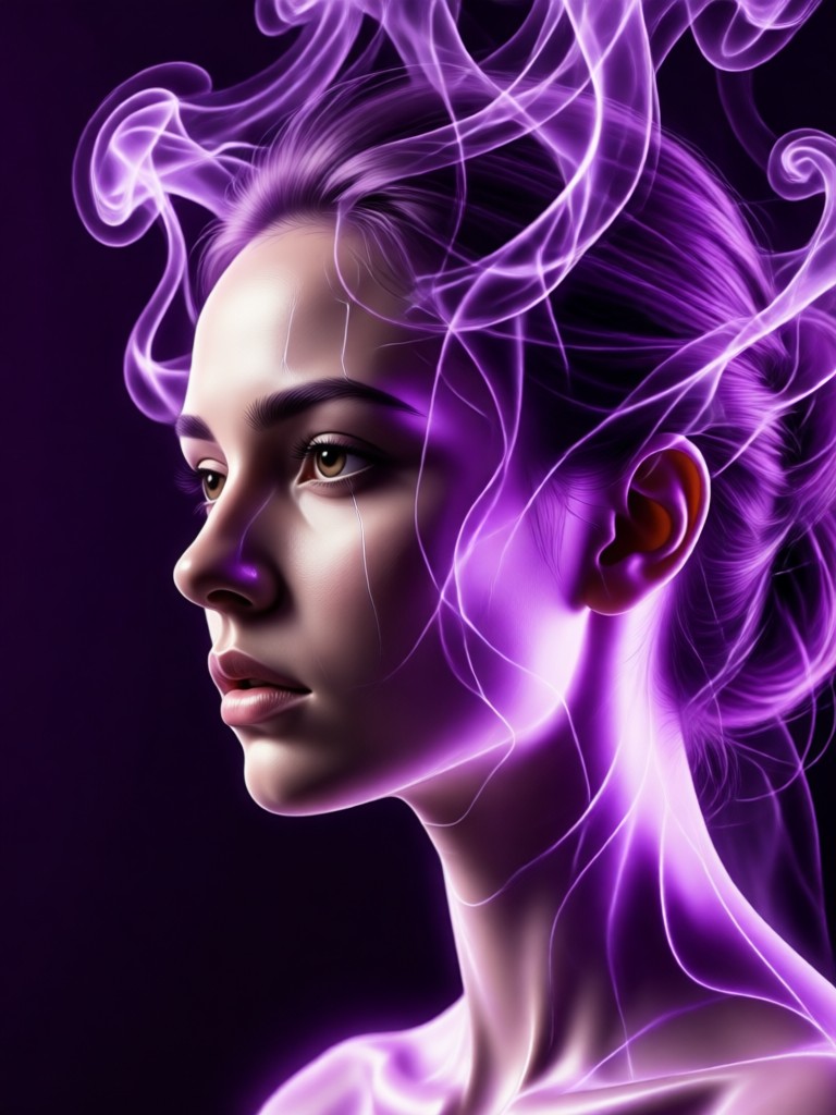 Retrato místico com fumaça se misturando ao cabelo