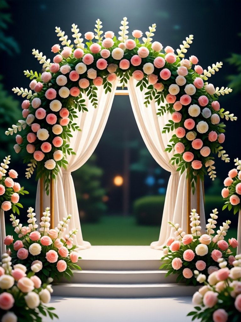 Romantic garden wedding with floral arch and string lights