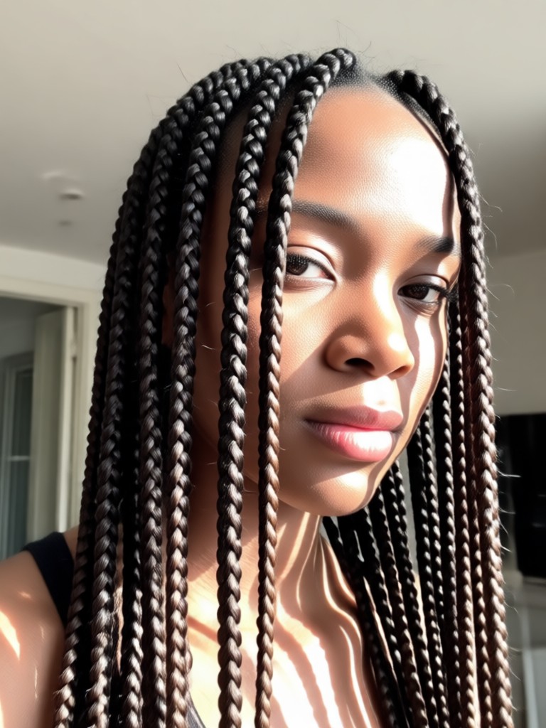 Box braids with brown and honey blonde highlights