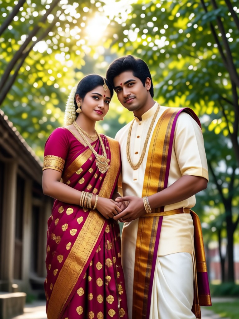 Pasangan pernikahan Tamil Brahmin hasil AI dengan vibhuti dan madisar