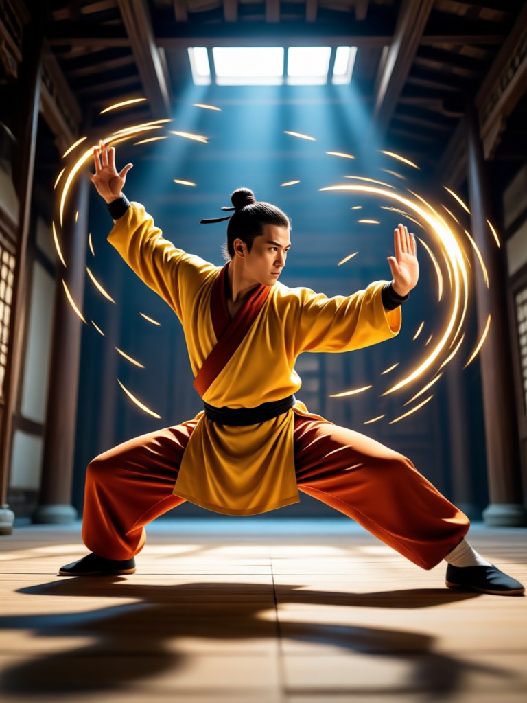 AI generated kungfu video of a person in a dynamic martial arts pose