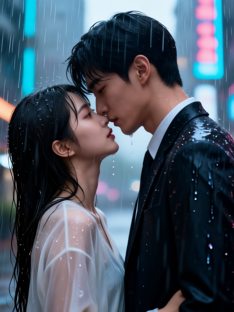 Primer plano emocional de un beso bajo la lluvia