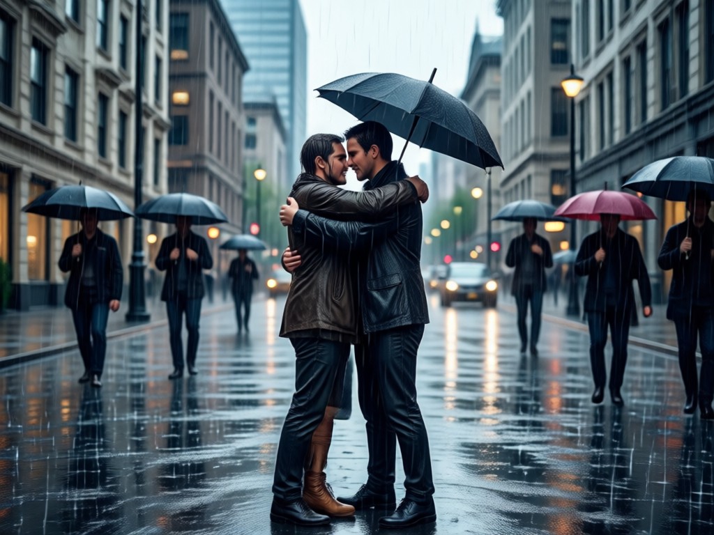 AI animated group hug with multiple people in the rain