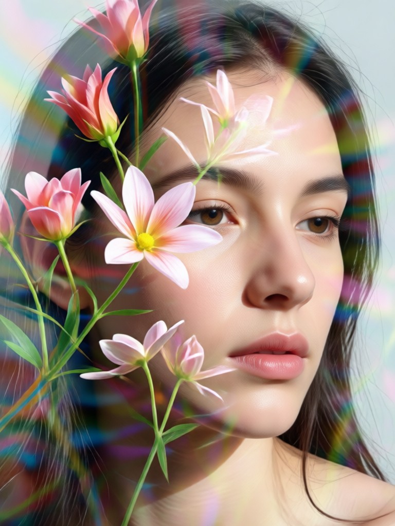 Double exposure portrait with rose overlay on woman's face