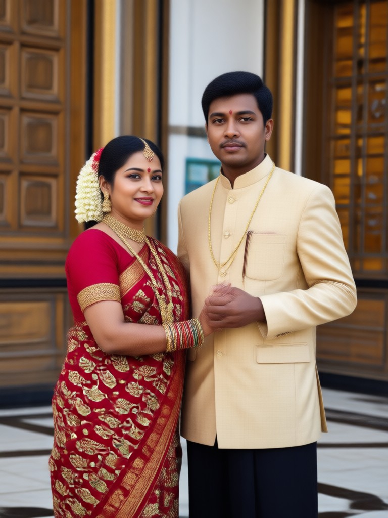 Retrato de pareja bengalí tradicional con fondo floral