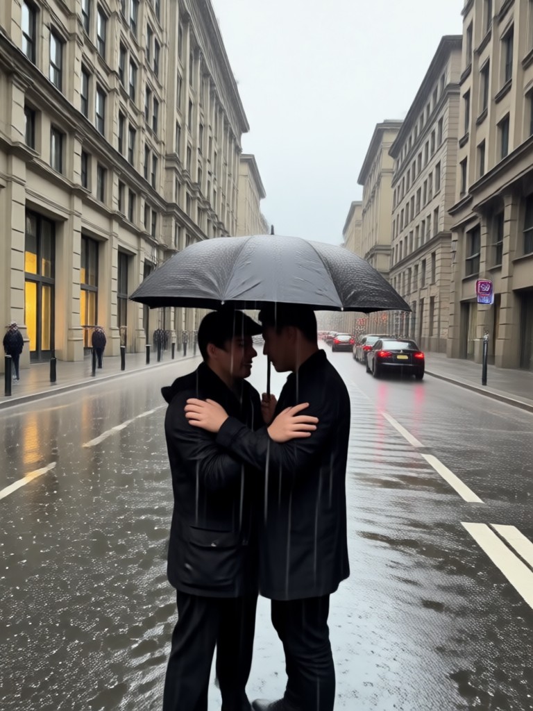 Friends hugging in dramatic street rain