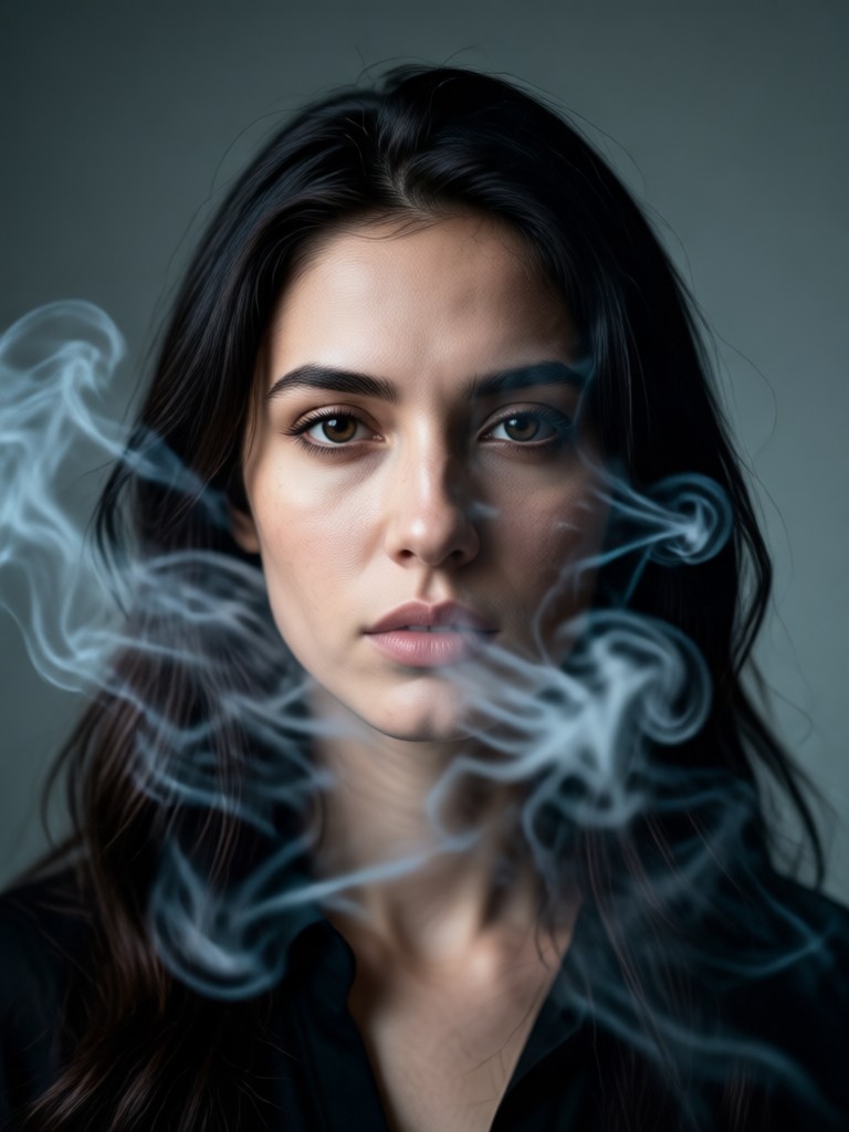 Retrato dramático con humo naranja y sombras