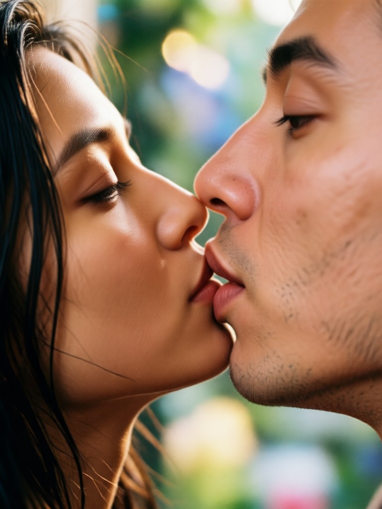포근한 담요 침대 곁 키스 장면