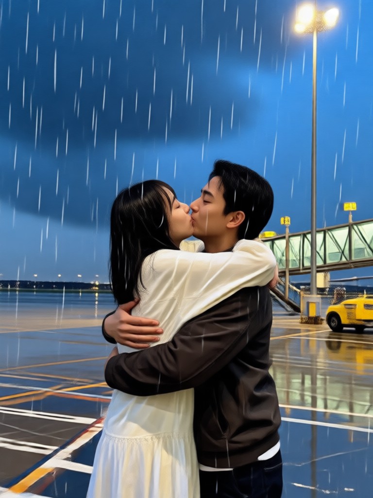 雨を背景にした喜びに満ちた空港再会ハグ