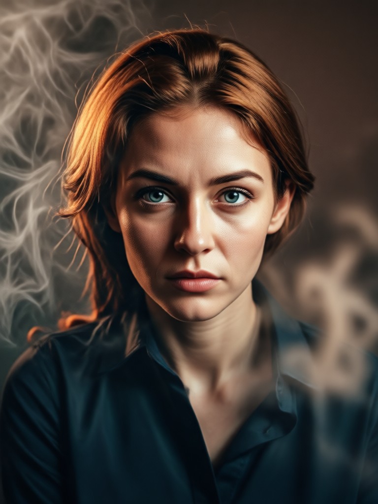 Cinematic portrait with light beams through smoke