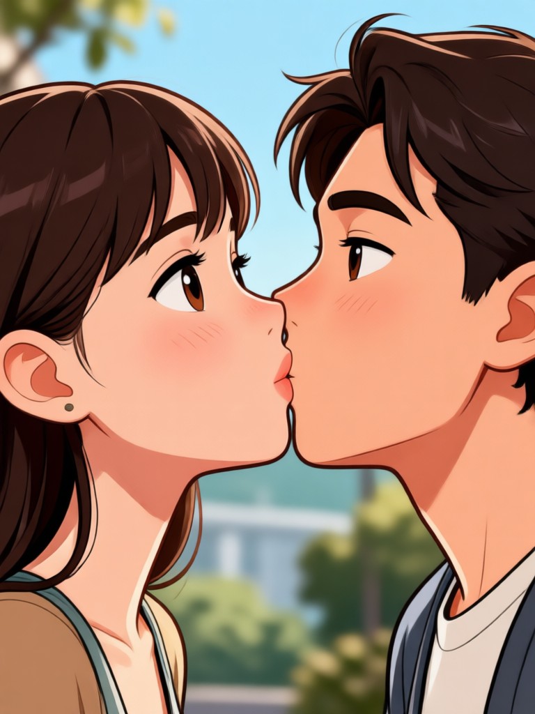 Pasangan kartun lucu berbagi ciuman singkat