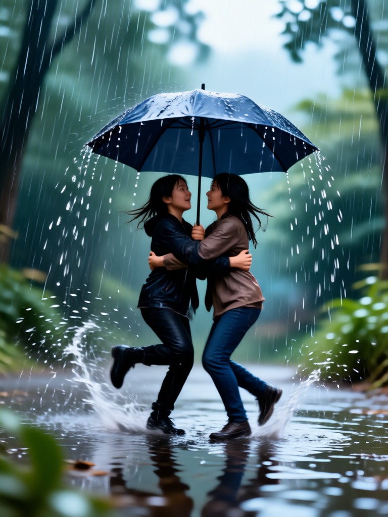 family hug with gentle rain in slow motion