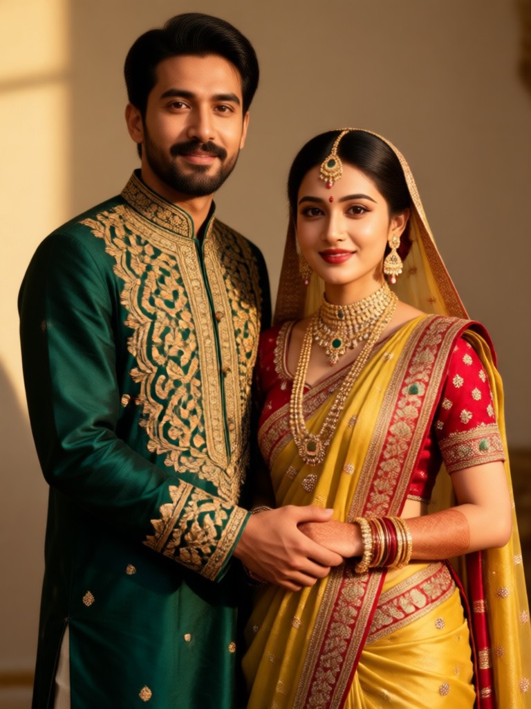 AI Pakistani couple in red and gold wedding attire