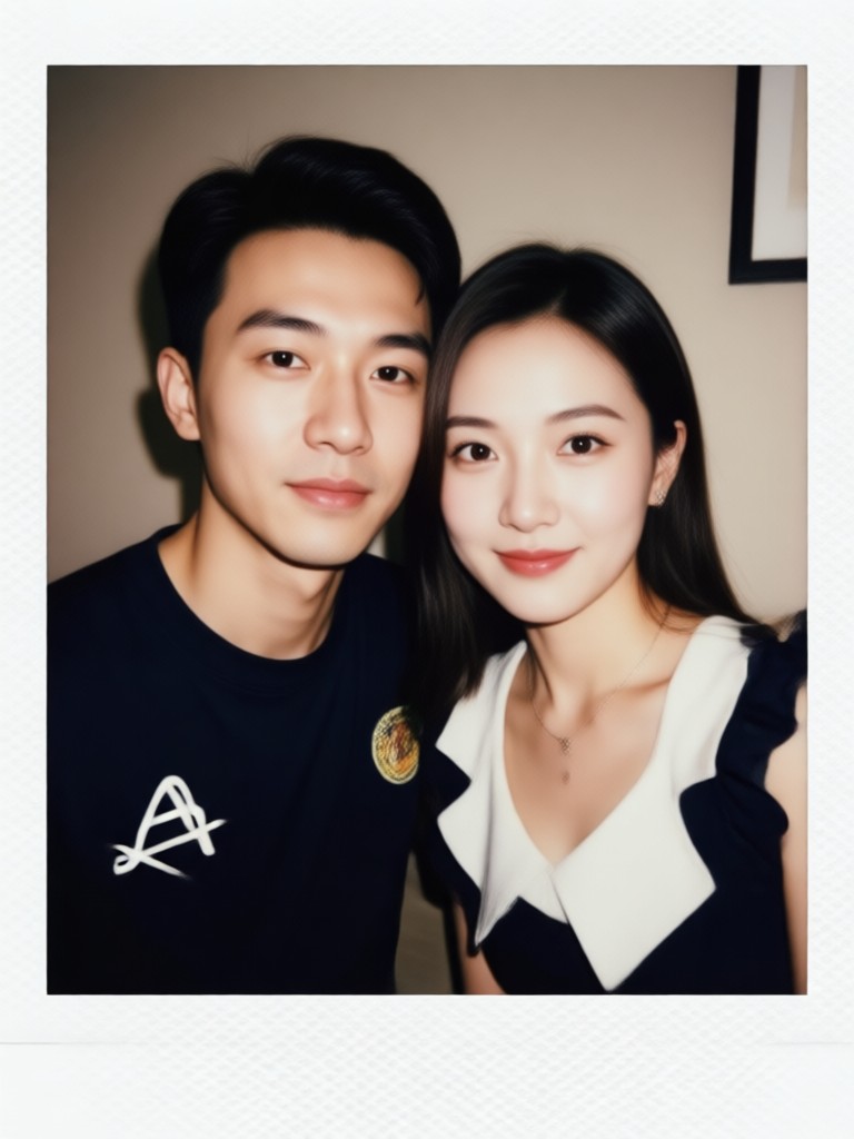 Winter holiday Polaroid couple by a tree