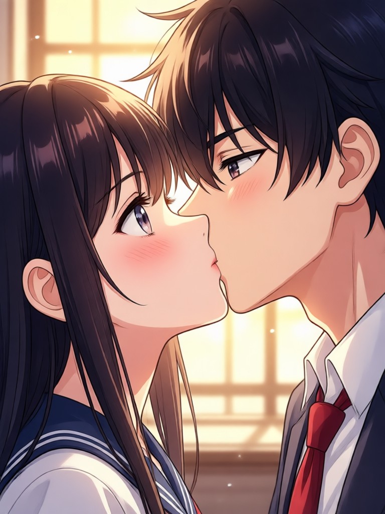 Comedic anime kiss with exaggerated, blushy reactions