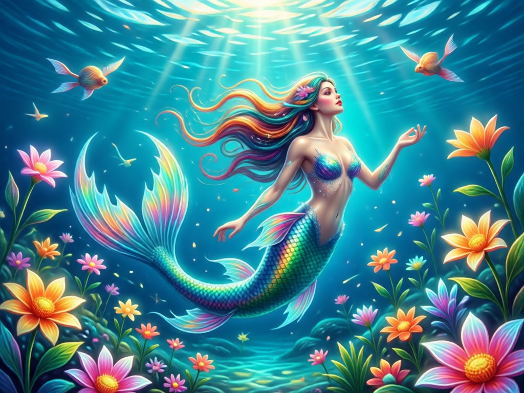 Sirena generada por IA en un entorno dinámico submarino de arrecife de coral