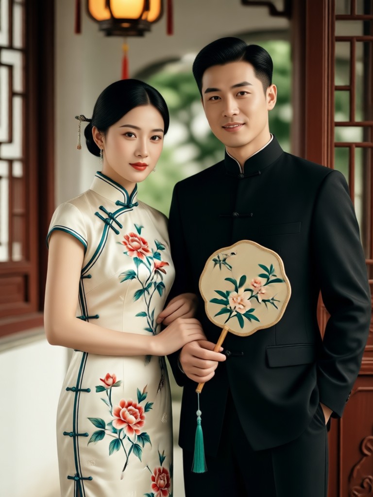 Qipao couple in traditional garden
