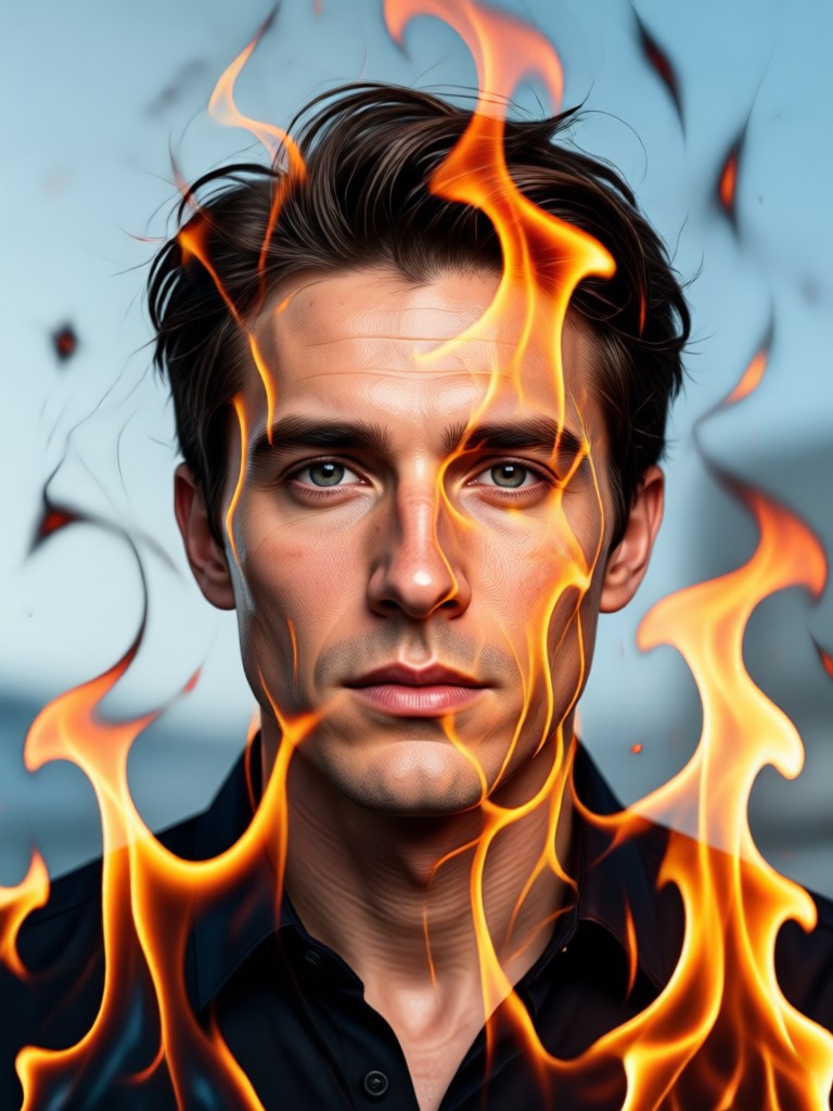 Black and white portrait with red fire accents