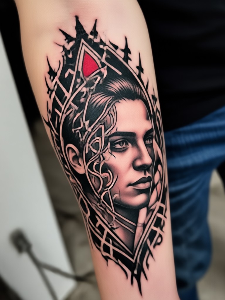 Biomechanical tattoo blending skin with machinery