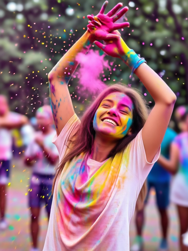 Close up Holi AI effect showing detailed color particles on skin