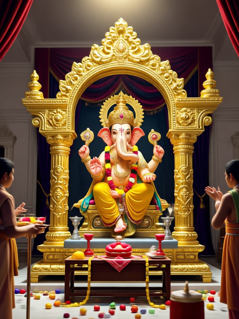 Family photo transformed into a classic red and gold mandap darshan