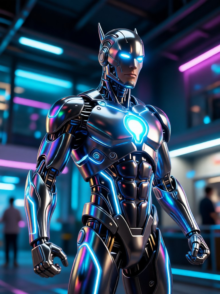 Cyberpunk warrior AI action hero with neon lights