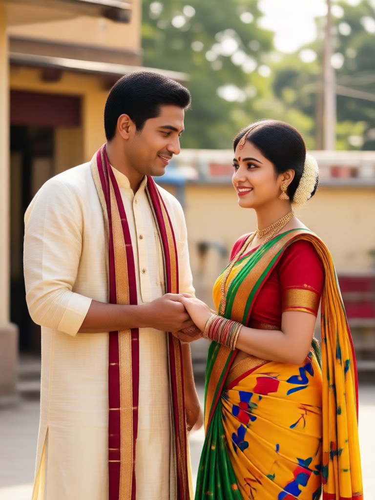 Maharashtrian couple in Wada courtyard