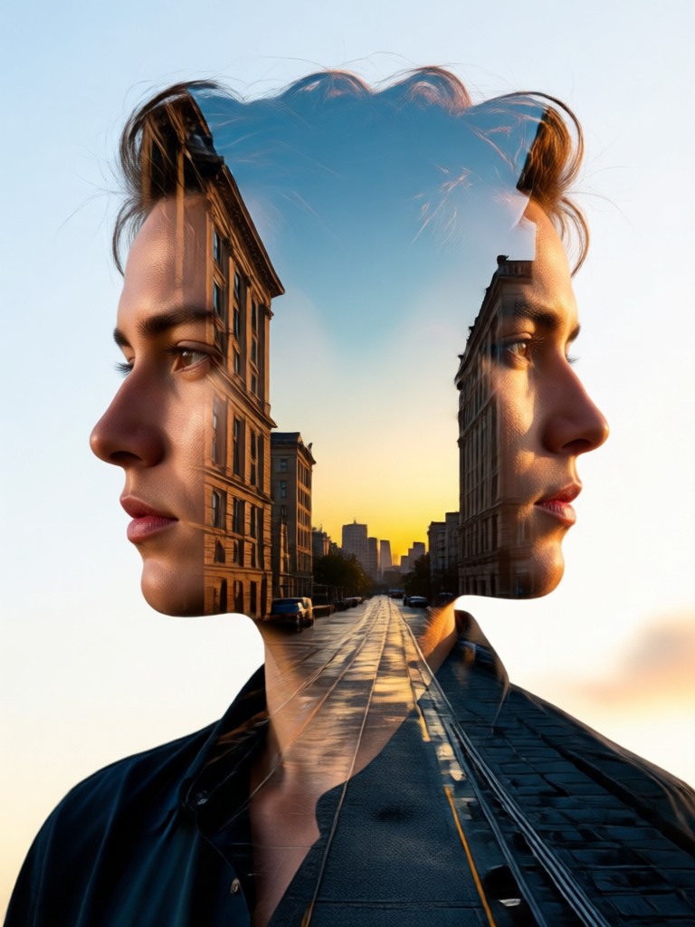 Double Exposure mit sternenklarem Nachthimmel