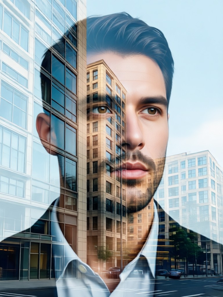 mobile app interface showing double exposure portrait creation