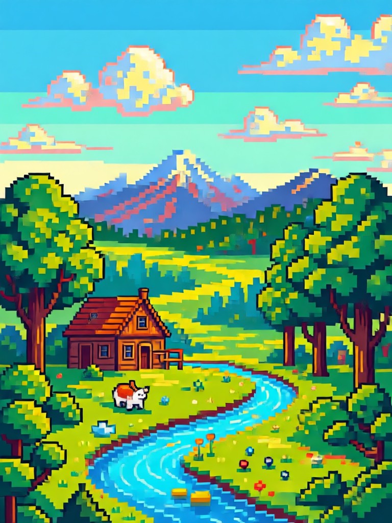 Cityscape pixel art with neon colors