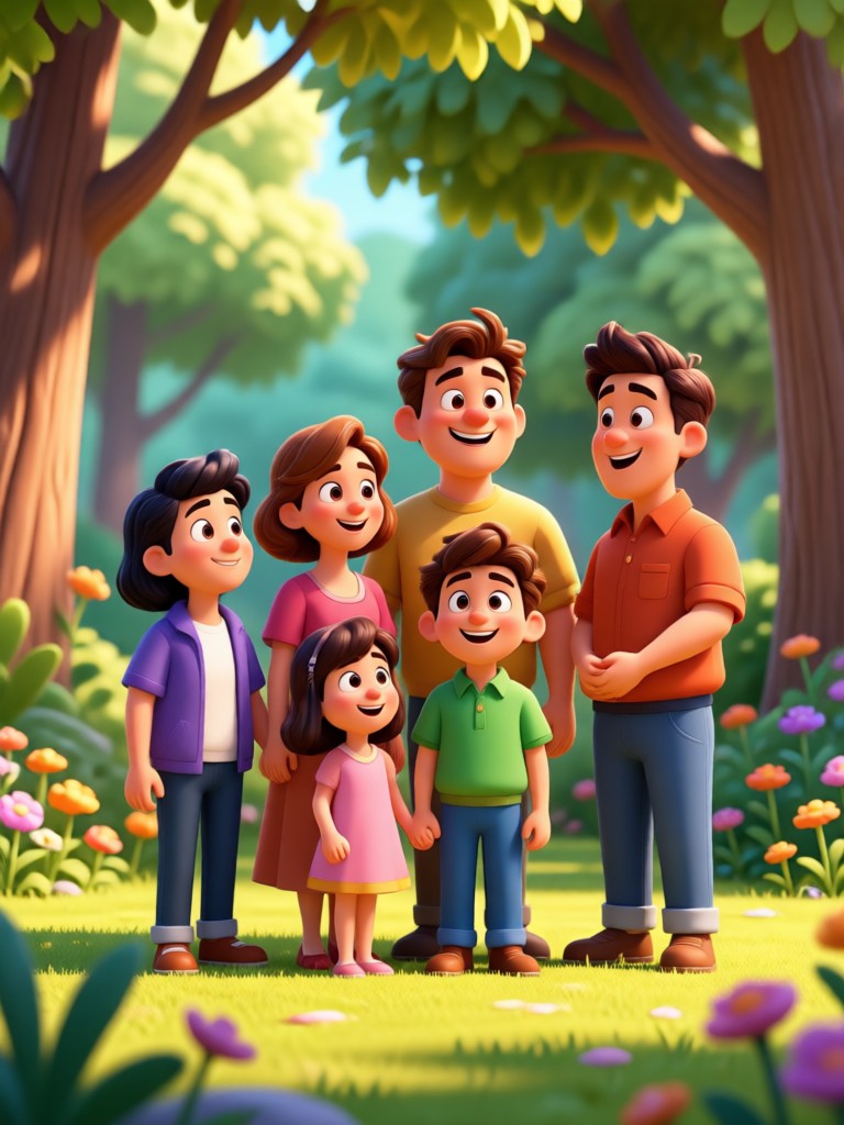 Pets included in Pixar family style AI image
