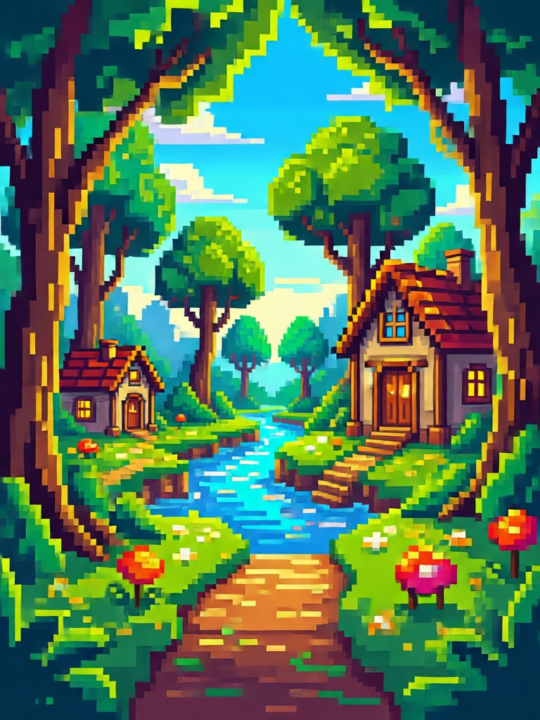 Foto de paisagem como cena de pixel art retrô