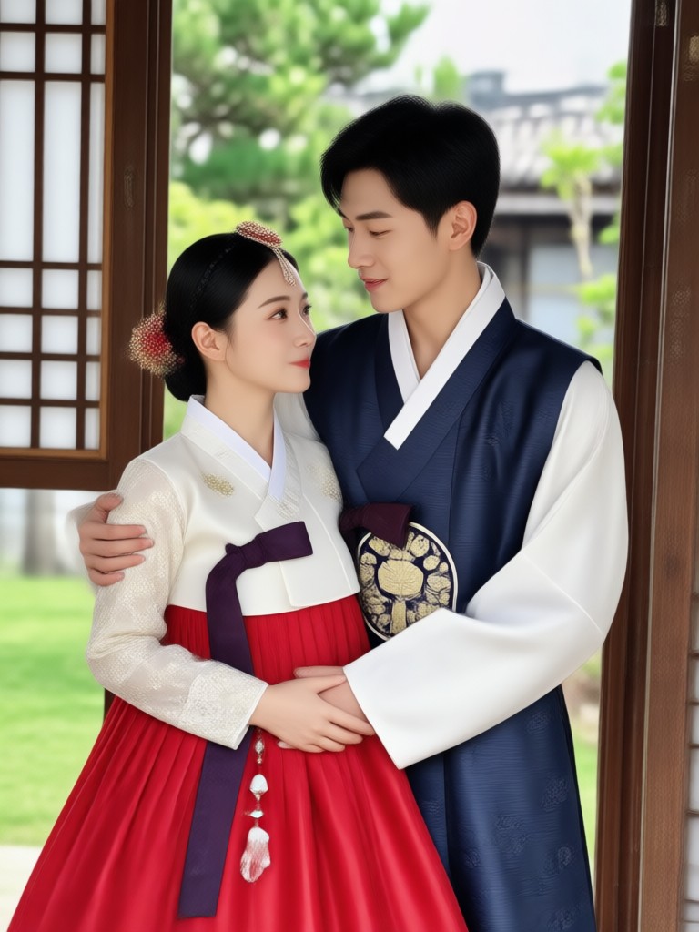 Colorful modern hanbok couple portrait contemporary style