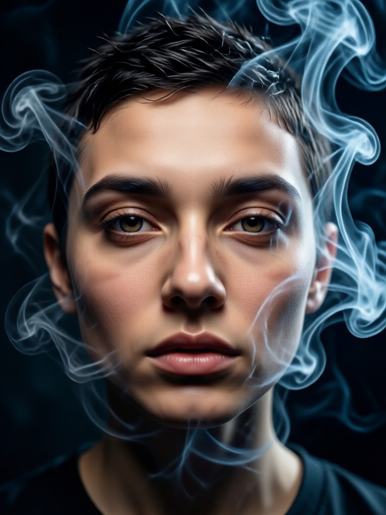 Portrait with smoke mimicking cold breath