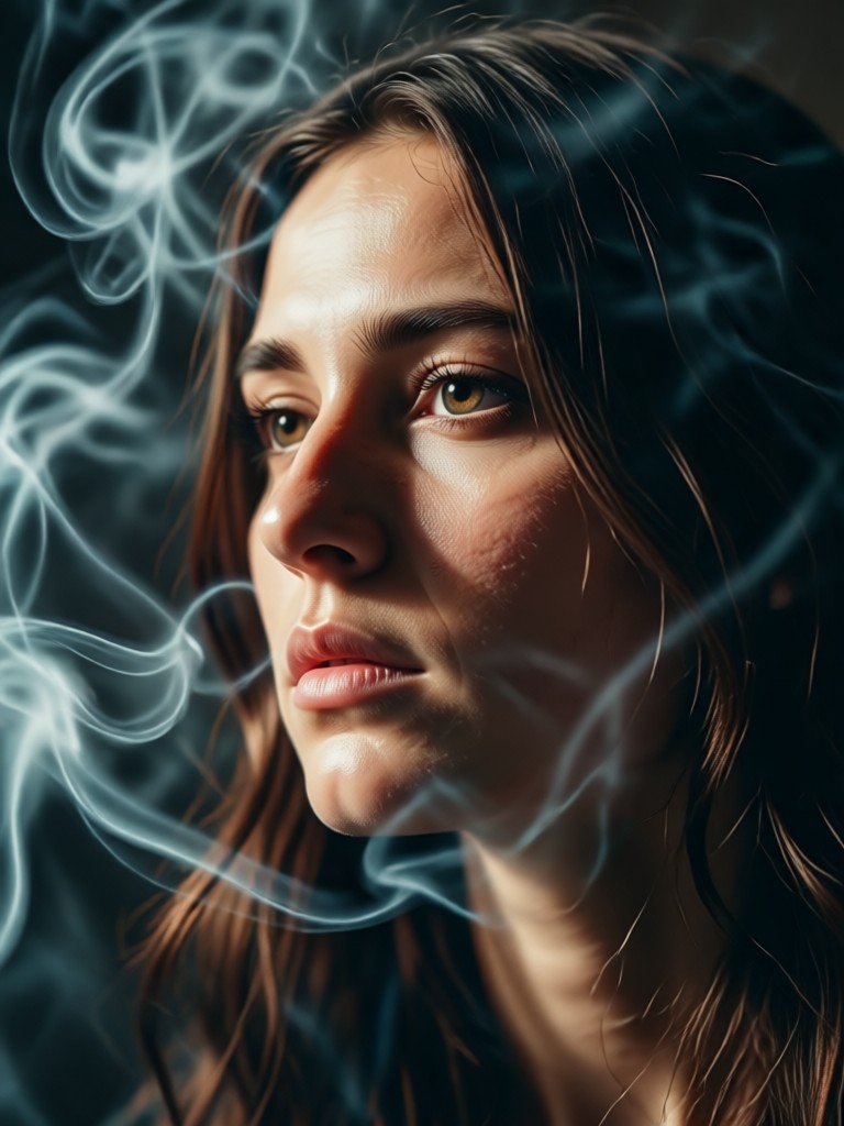Portrait featuring dynamic, swirling smoke patterns