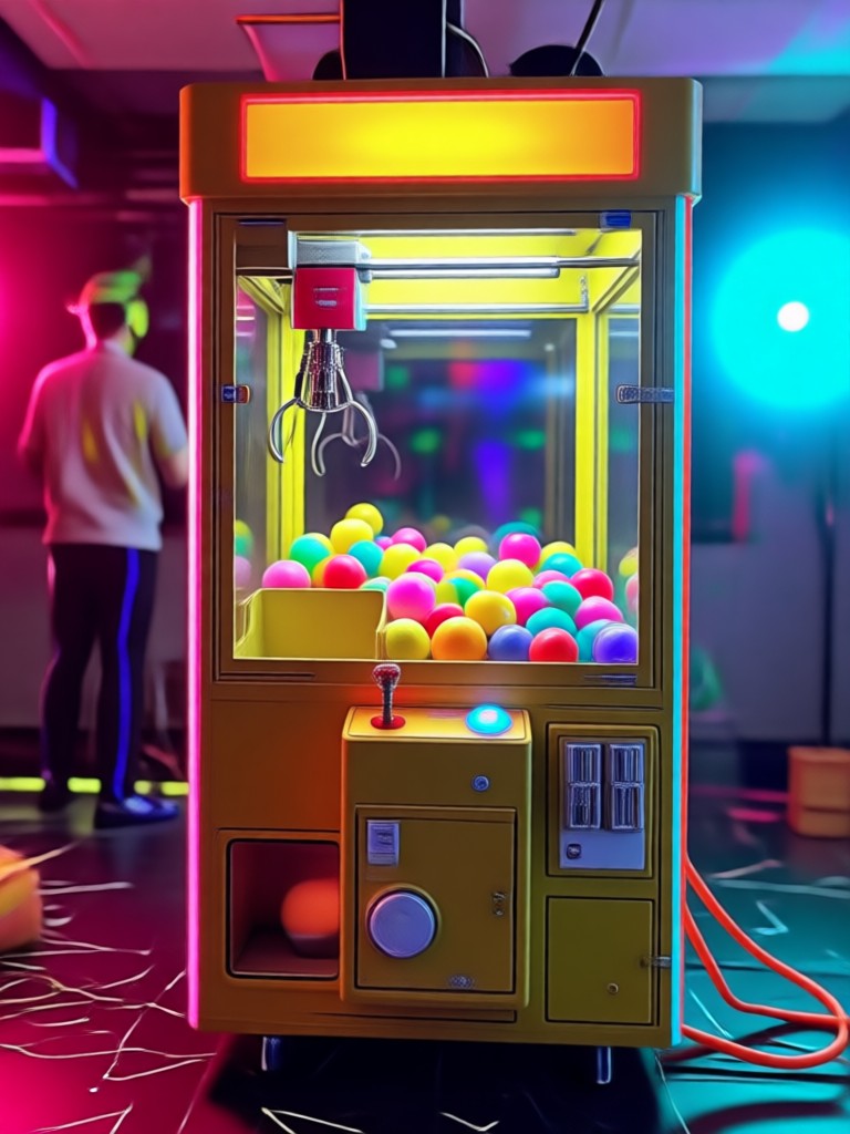 ネオンライトとUIが施されたアーケードスタイルのクレーンゲーム動画