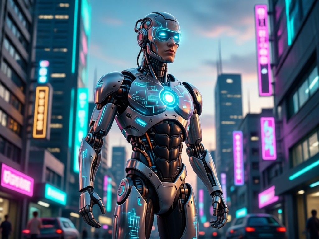 AI action hero in a dynamic city battle scene