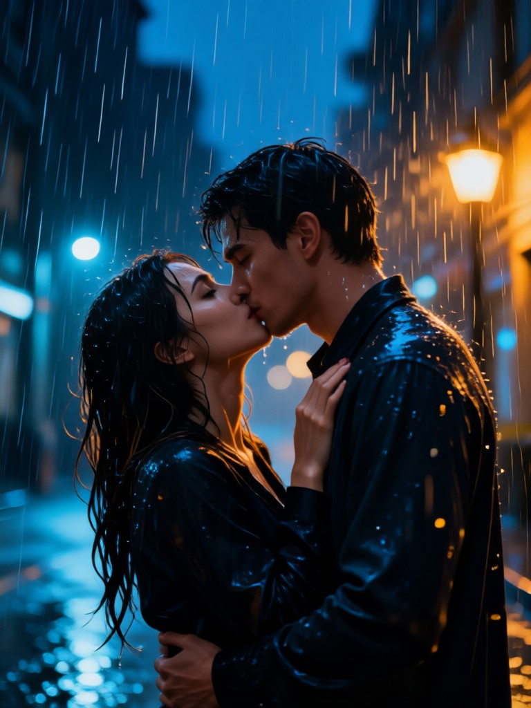 Cinematic kiss with rain reflections