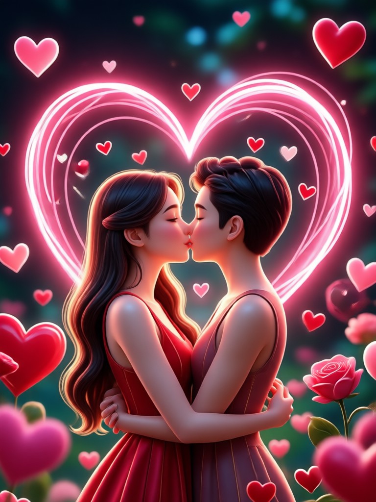 Animated cartoon style Valentine kiss with hearts