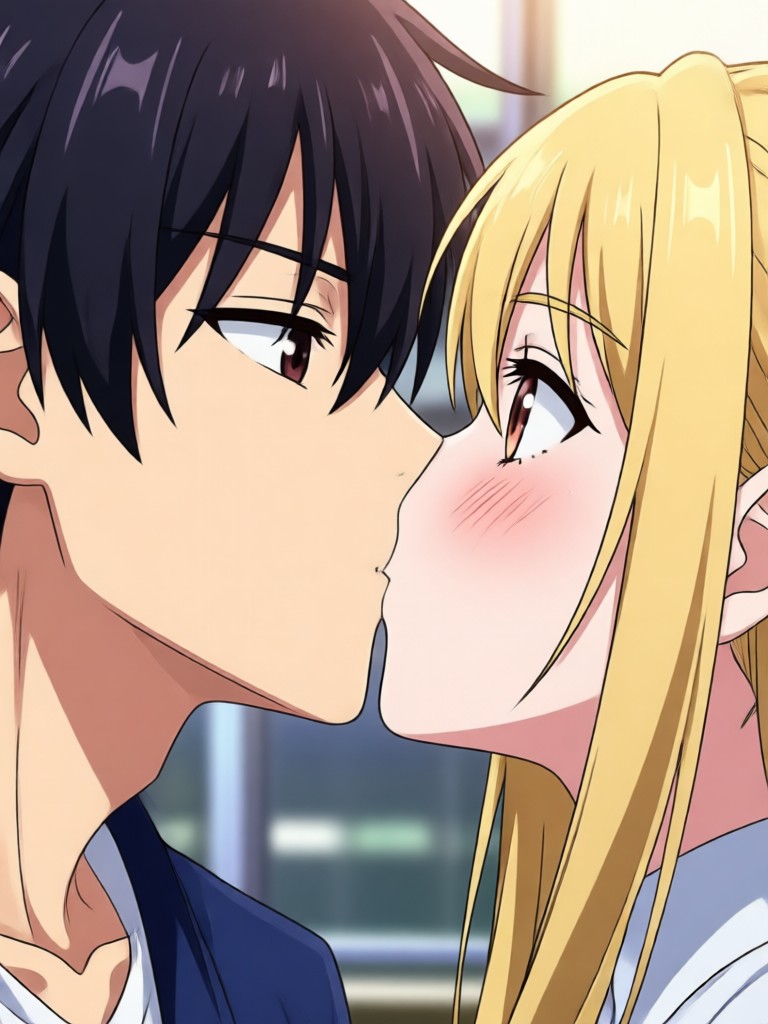 Anime kiss under cherry blossom tree, petals falling