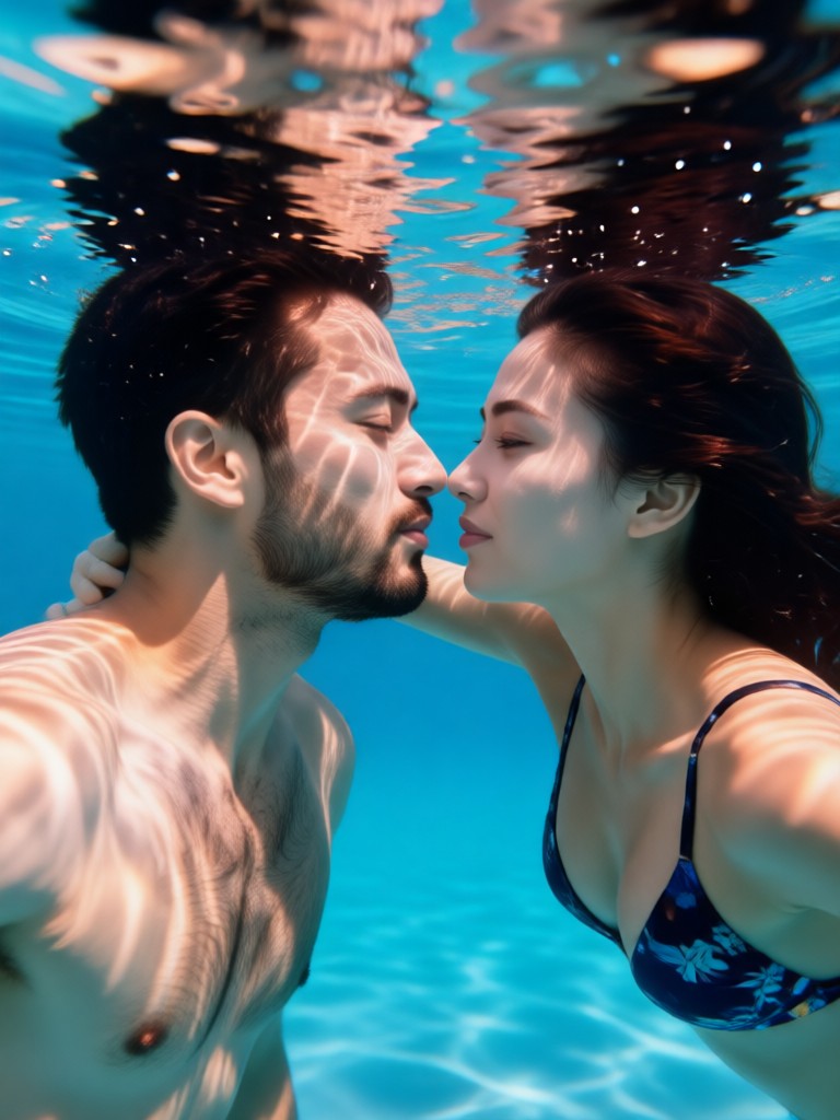 Playful couple portrait in water with colorful fish