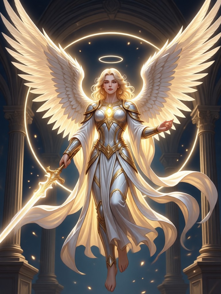 AI angel with intricate feathered wings and golden armor