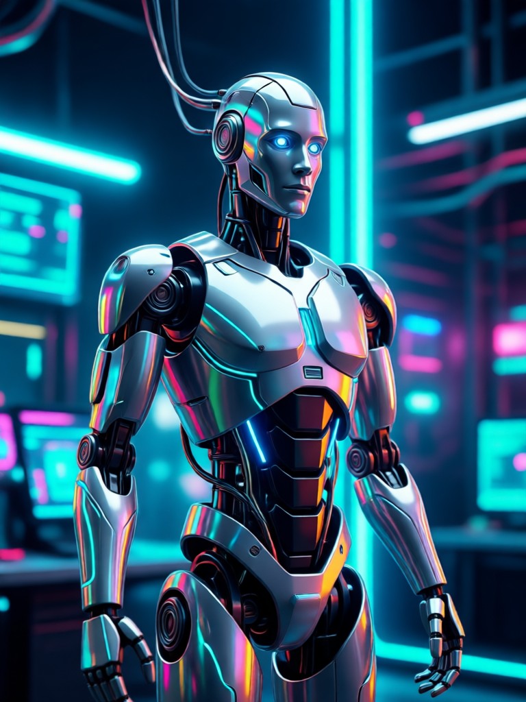 AI entity with data stream visual effects and particle filter glow