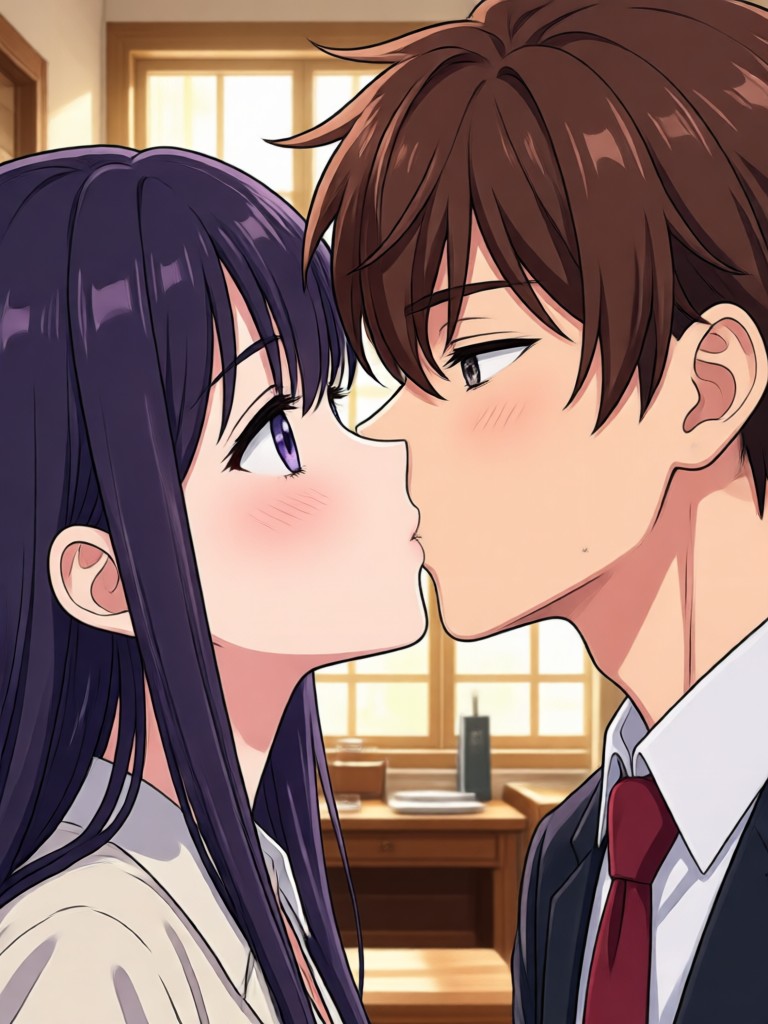 Romantic anime kiss scene at sunset