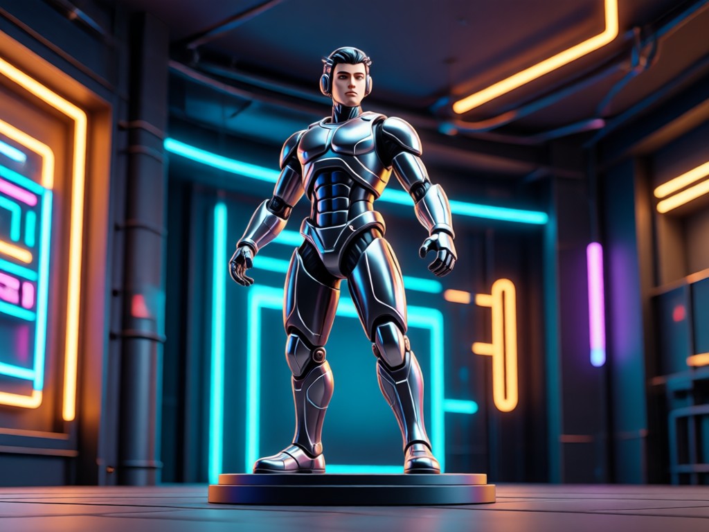 A 3D figurine in a dynamic action pose, mid leap